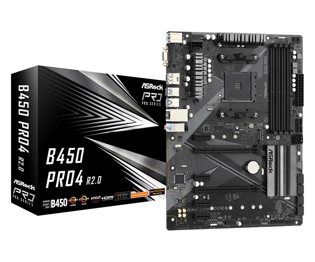 Mainboard, ASROCK, AMD B450, SAM4, ATX, 4xPCI-Express 2.0 1x, 2xPCI-Express 3.0 16x, 2xM.2, Memory DDR4, Memory slots 4, 1x15pin D-sub, 1xHDMI, 1xDisplayPort, 2xAudio-In, 1xAudio-Out, 2xUSB 2.0, 1xUSB type C, 5xUSB 3.2, 1xPS/2, 1xRJ45, B450PRO4R2.0