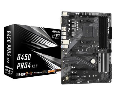 Mainboard, ASROCK, AMD B450, SAM4, ATX, 4xPCI-Express 2.0 1x, 2xPCI-Express 3.0 16x, 2xM.2, Memory DDR4, Memory slots 4, 1x15pin D-sub, 1xHDMI, 1xDisplayPort, 2xAudio-In, 1xAudio-Out, 2xUSB 2.0, 1xUSB type C, 5xUSB 3.2, 1xPS/2, 1xRJ45, B450PRO4R2.0