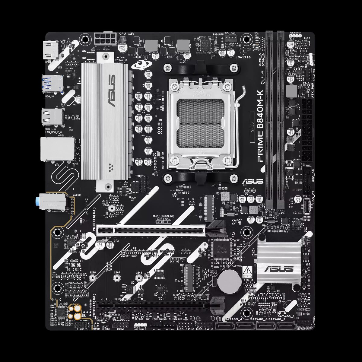 Asus PRIME B840M-K, Processor family AMD, Processor socket AM5, DDR5, Supported hard disk drive interfaces SATA, M.2, Number of SATA connectors 2