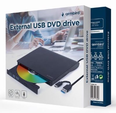 Gembird External USB DVD Drive, DVD-USB-031, Interface USB Type-C (m), USB 3.1 Gen. 1, DVD±R/RW / CD±R/RW, CD read speed 24 x, CD write speed 24 x, Black