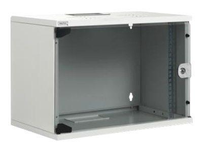9U wall mounting cabinet, DN-19 09-U-S-1, Safety class rating IP20. Lockable safety-glass door. 200° door opening angle. Front door: Glass door, single opening. Unmounted 460x540x400 mm. SOHO, Grey