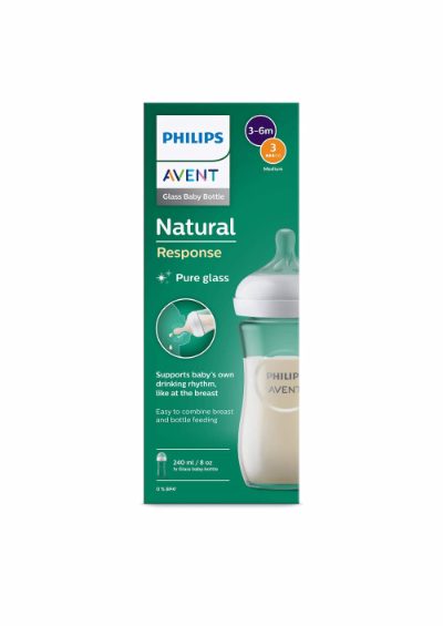 Philips Avent Natural Response stikla zīdaiņu pudelīte 240 ml, vidējas plūsmas knupītis 1m+