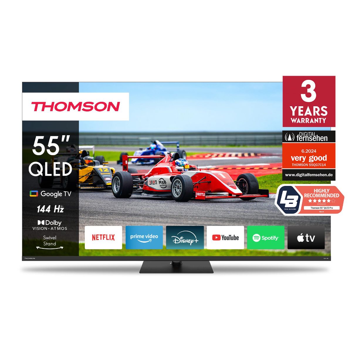TV Set, THOMSON, 55", 4K/Smart, QLED, 3840x2160, Wireless LAN, Bluetooth, Google TV, Black, 55QG7C14