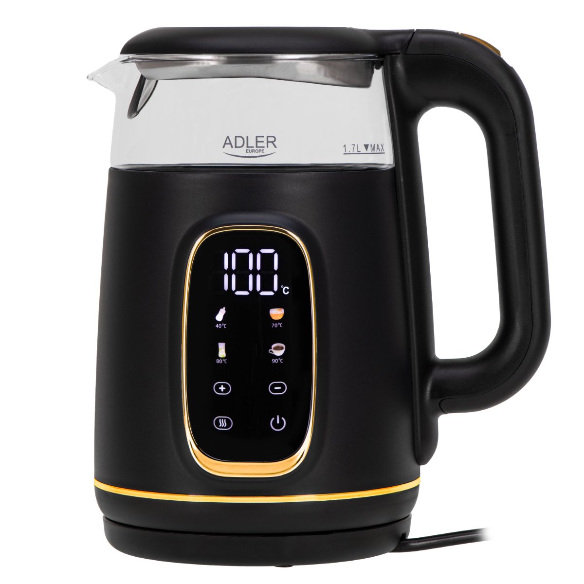 Adler Kettle with LED Display, AD 1305, Electric, 2200 W, 1.7 L, Plastic, 360° rotational base, Black/Gold