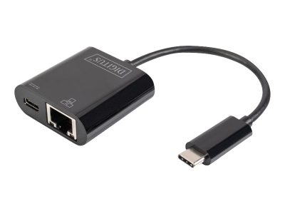 USB-Type-C Gigabit Ethernet Adapter + PD with power delivery function, DN-3027, Black, USB-C port to a Gigabit network connection