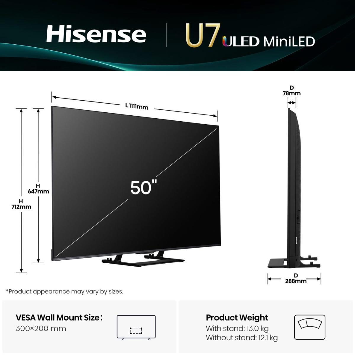 TV Set, HISENSE, 50 ", 4K Ultra HD, 3840 x 2160 pixels, Flat, 16:9, ULED, 50U7Q