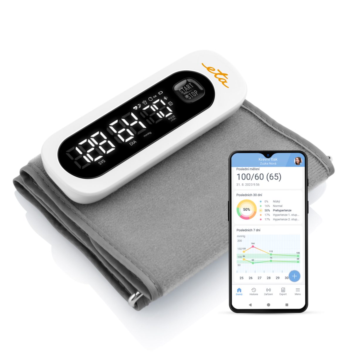 Smart Blood Pressure Monitor, ETA629790000 Gauge, Memory function, Number of users 1 user(s), Measured values: Diastolic pressure, Pulse, Systolic pressure; Number of measurements in memory: 199, Arm