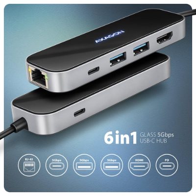 AXAGON USB-C 5Gbps GLASS 6in1 Hub, HMC-6GLN