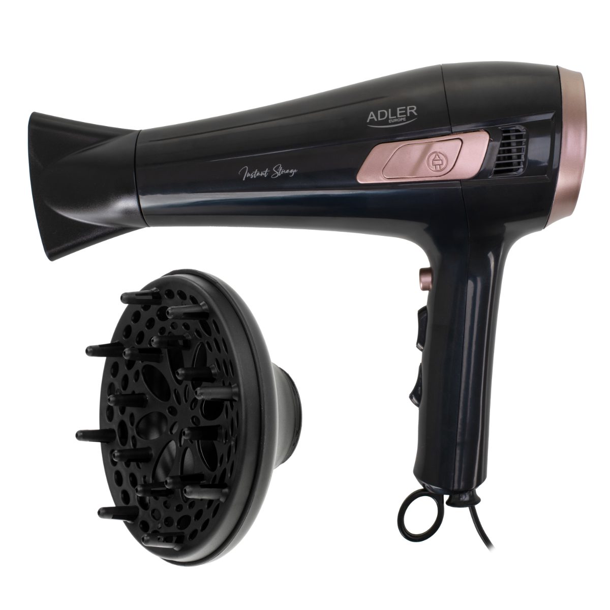 Adler Hair dryer with retractable power cord, AD 2283, 2400 W, Number of temperature settings 3, Diffuser nozzle, Black/Golden Rose