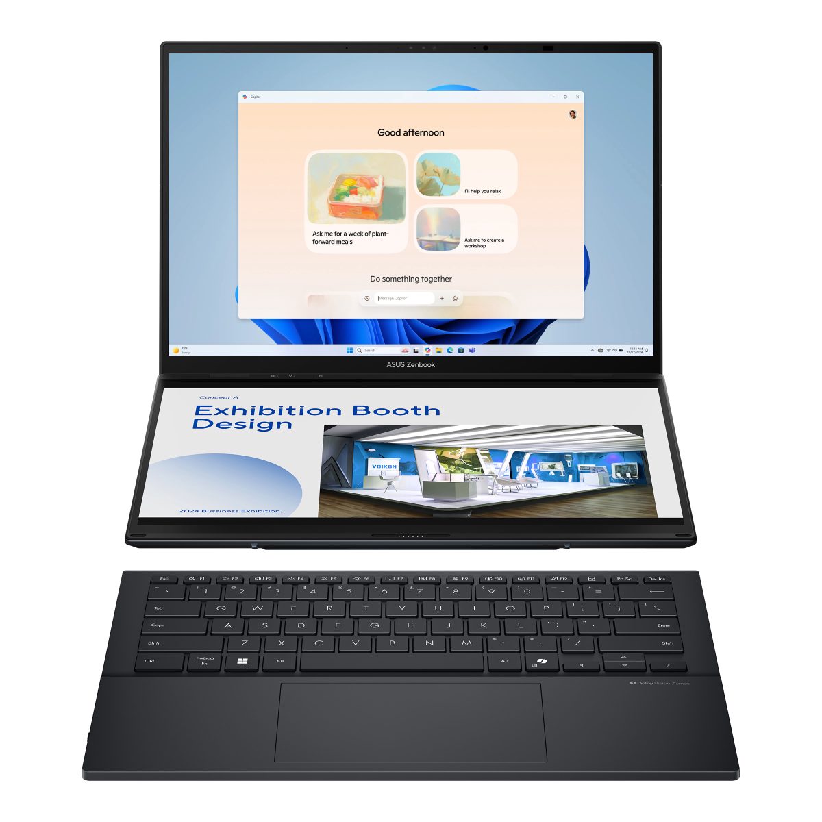 Zenbook Duo UX8406CA-PZ009W, Basalt Gray, 14 ", OLED, Touchscreen, 3K, 2880 x 1800 pixels, Glossy, Intel Core Ultra 9, 285H, 32 GB, LPDDR5X, Solid-state drive capacity 2000 GB, Intel Graphics, Windows 11 Home, 802.11be, Bluetooth version 5.4, Keyboard language US international, Keyboard backlit