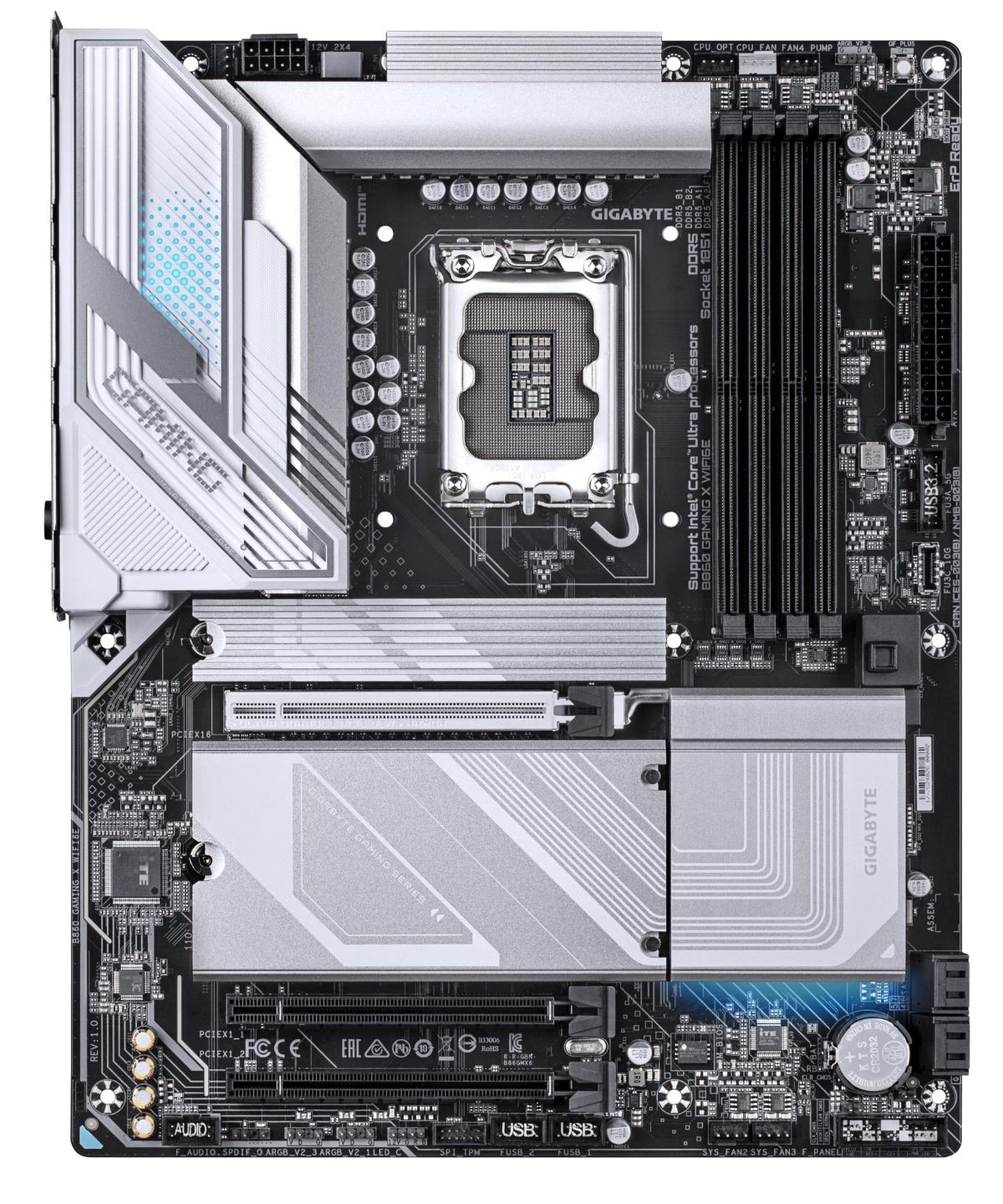 Mainboard, GIGABYTE, Intel B860 Express, LGA1851, ATX, Memory DDR5, Memory slots 4, 1xPCI-Express 16x, 2xM.2, 1xHDMI, 1xDisplayPort, 1xAudio-In, 1xAudio-Out, 1xMicrophone, 5xUSB 2.0, 3xUSB 3.2, 1xUSB-C, 1xRJ45, B860GAMINGXWIFI6E1.0