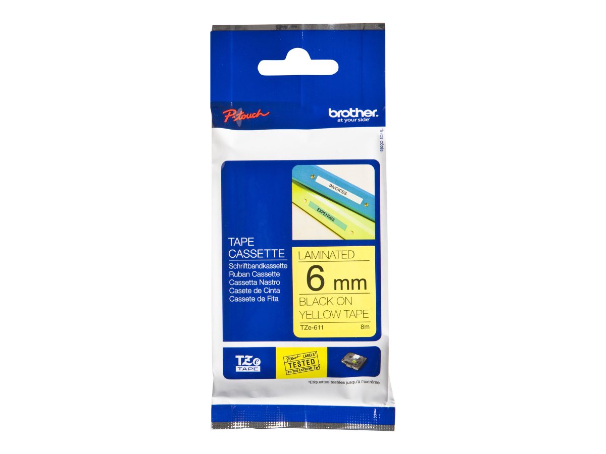 TZe-611 Laminated Tape, Black on Yellow, TZe, 8 m, 6 cm