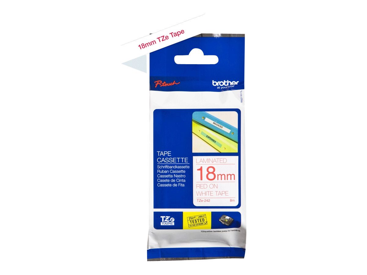 TZe-242 Laminated Tape, Red on White, TZ, 8 m, 1.8 cm