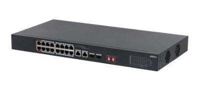 Switch, DAHUA, S3218-16ET-135, Switch type Unmanaged, Switch layer L2, Rack mounting Yes, Stackable Yes, Form factor 1U, 16xRJ-45 ports, RJ-45 Ports Type Gigabit Ethernet (10/100/1000), 2xSFP module slots quantity, Power over Ethernet (PoE) Yes, 2xPower over Ethernet (PoE) ports quantity, Total Power over Ethernet (PoE) budget 135 W