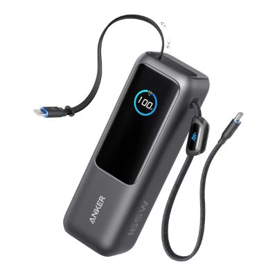 Anker Zolo Powerbank, A1695H11, 25000 mAh, Built-In USB-C and Retractable Cable), Grey