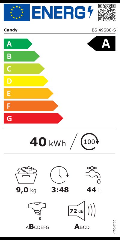 Candy BS 49SB8-S Washing Machine, A, Front loading, Capacity 9 kg, Depth 52.2 cm, 1400 RPM, White, Candy