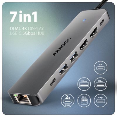 AXAGON USB-C 5Gbps DUAL 4K DISPLAY 7in1 Hub, HMC-7HX2