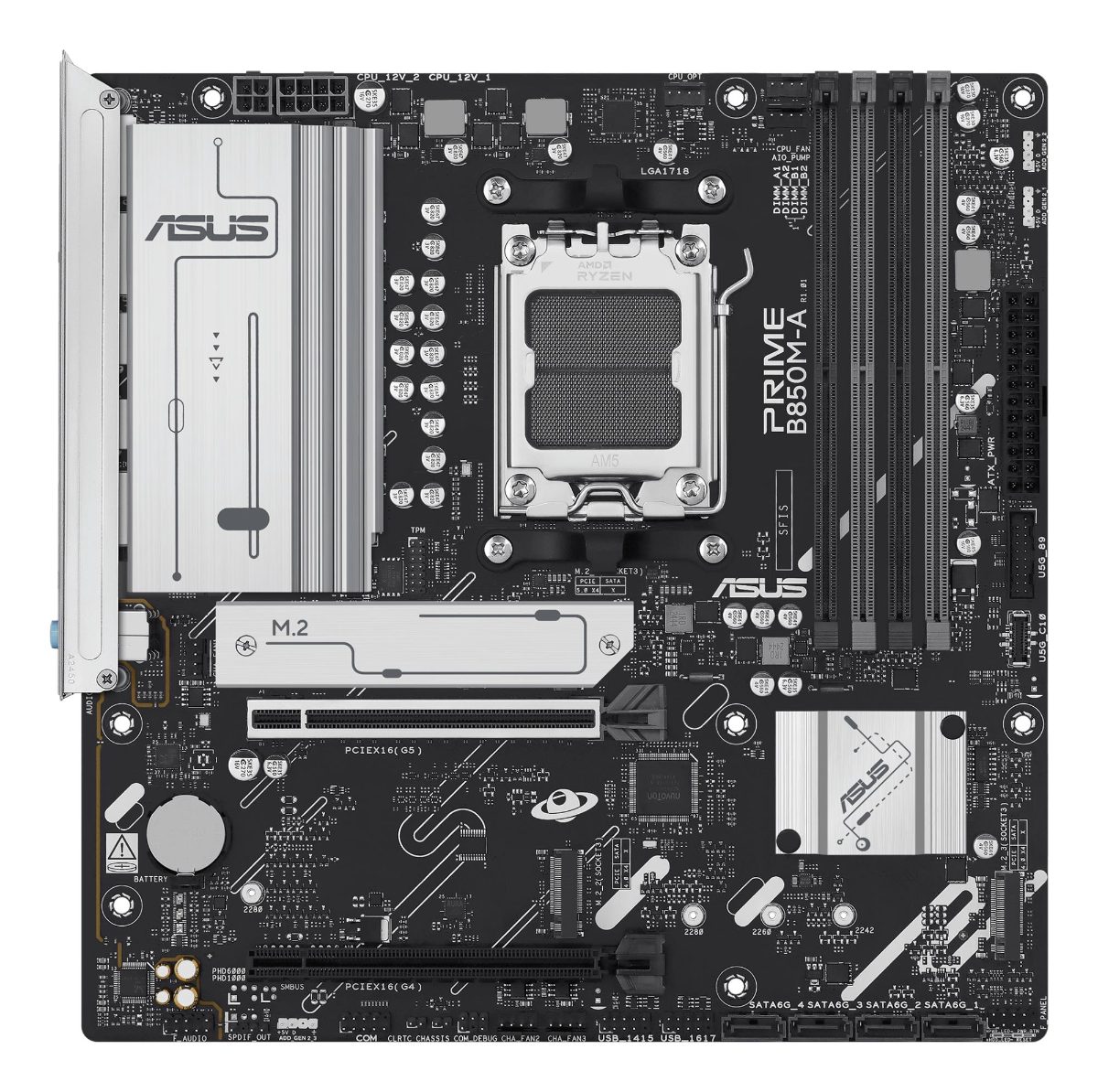 Mainboard, ASUS, AMD B850, SAM5, Micro-ATX, Memory DDR5, Memory slots 4, 1xPCI-Express 4.0 16x, 1xPCI-Express 5.0 16x, 3xM.2, 1xHDMI, 2xDisplayPort, 4xUSB 2.0, 4xUSB 3.2, 1xRJ45, 3xAudio port, PRIMEB850M-A-CSM