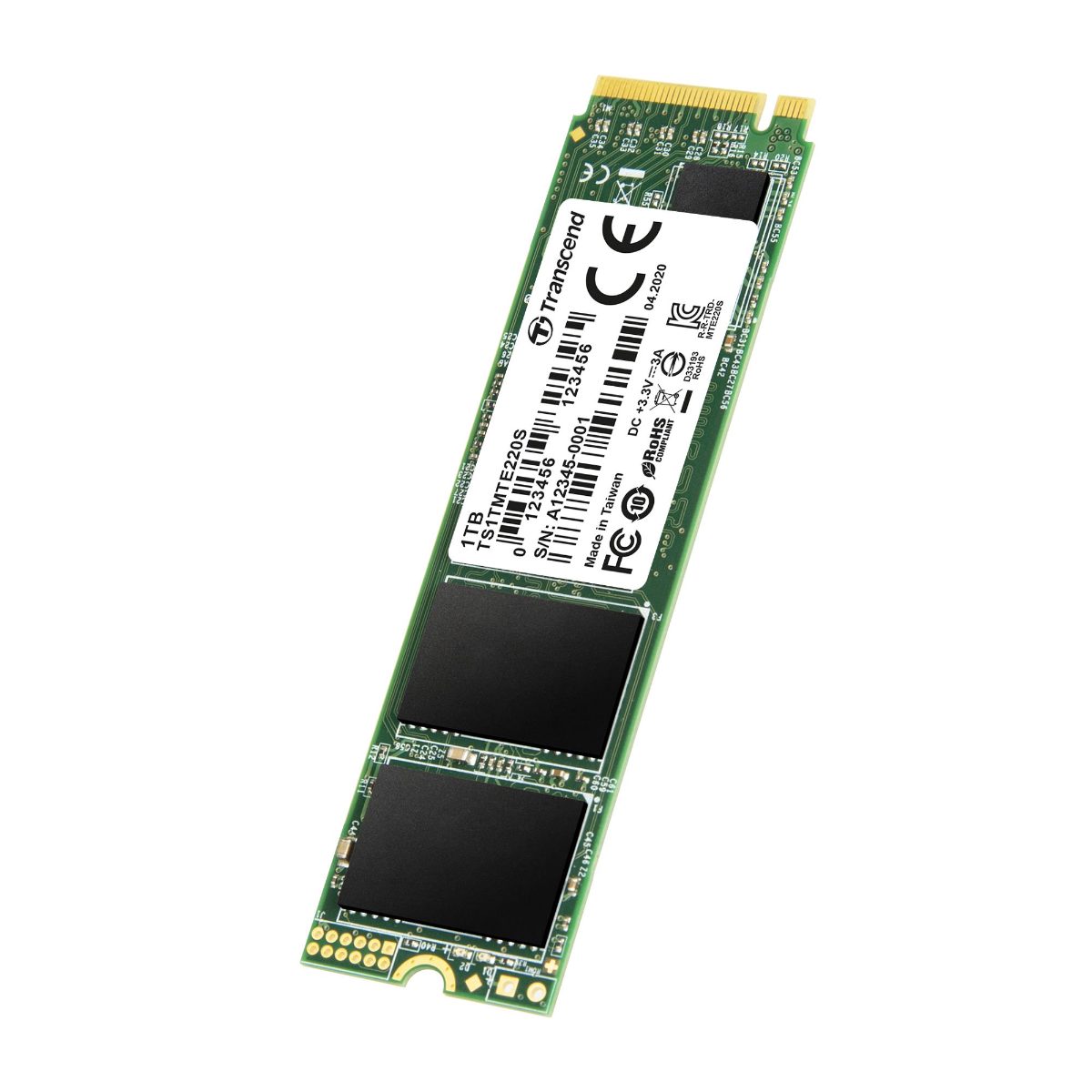 SSD, TRANSCEND, 1TB, PCIe Gen3, NVMe, NAND flash technology 3D NAND, Write speed 3200 MBytes/sec, Read speed 3500 MBytes/sec, Form Factor M.2, TBW 2200 TB, MTBF 200000 hours, TS1TMTE220S