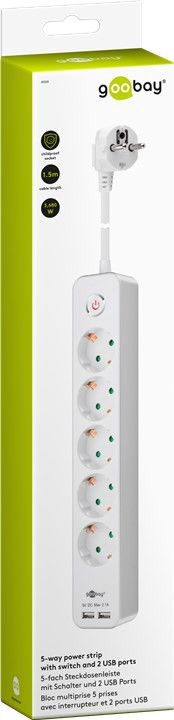 5-way power strip with switch and 2 USB ports 1.5 m, Sockets quantity 5