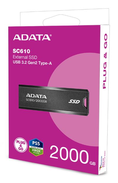 External SSD, ADATA, SC610, 2TB, USB 3.2, Write speed 500 MBytes/sec, Read speed 550 MBytes/sec, SC610-2000G-CBK/RD