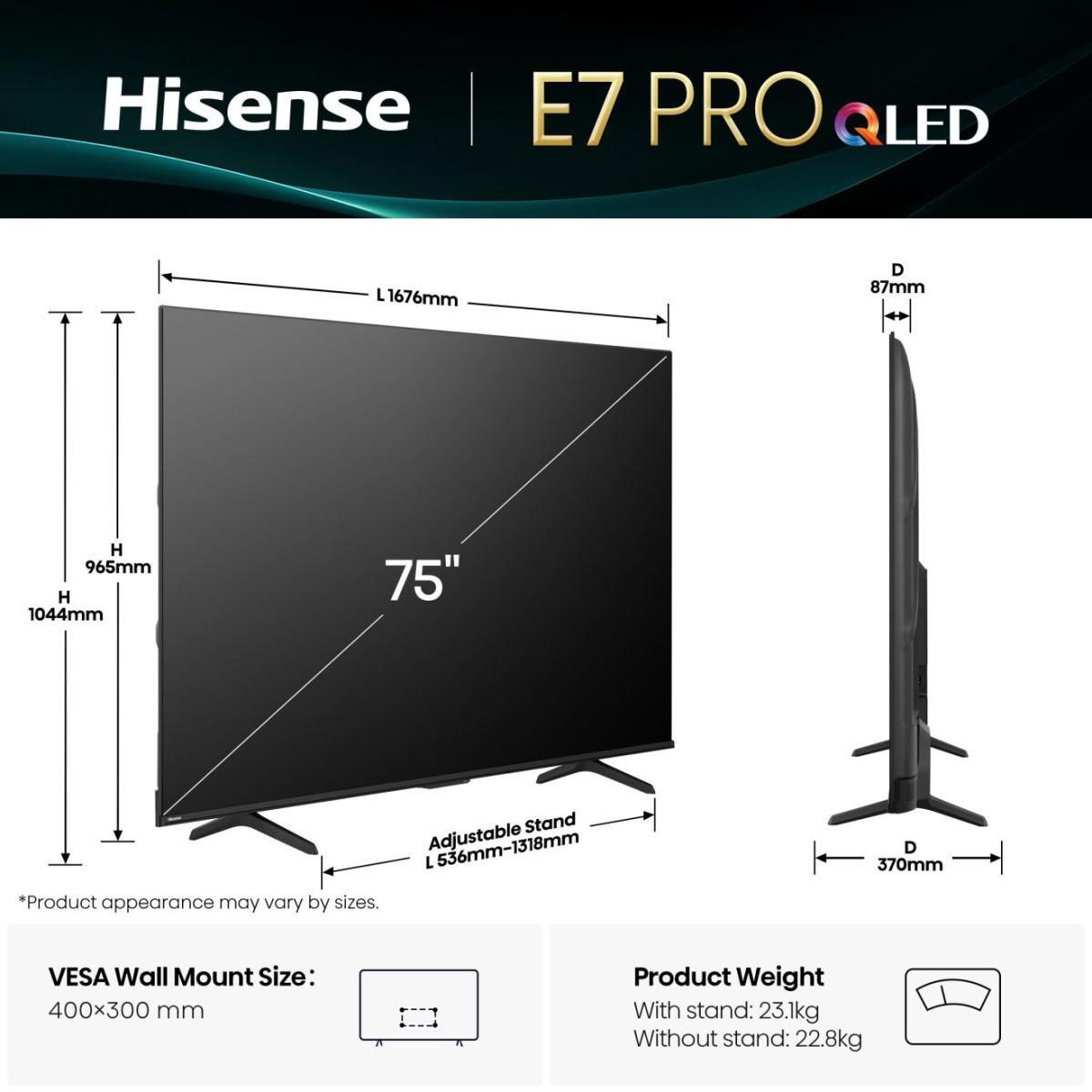 TV Set, HISENSE, 75 ", 4K Ultra HD, 3840 x 2160 pixels, Flat, 16:9, QLED Pro, 75E7QPRO