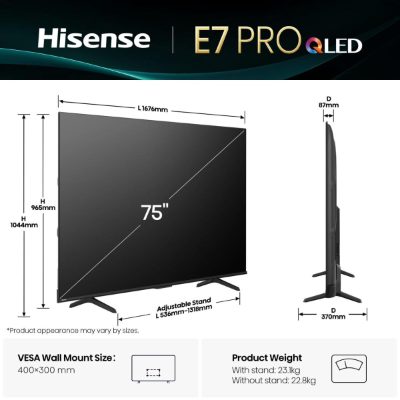 TV Set, HISENSE, 75 ", 4K Ultra HD, 3840 x 2160 pixels, Flat, 16:9, QLED Pro, 75E7QPRO