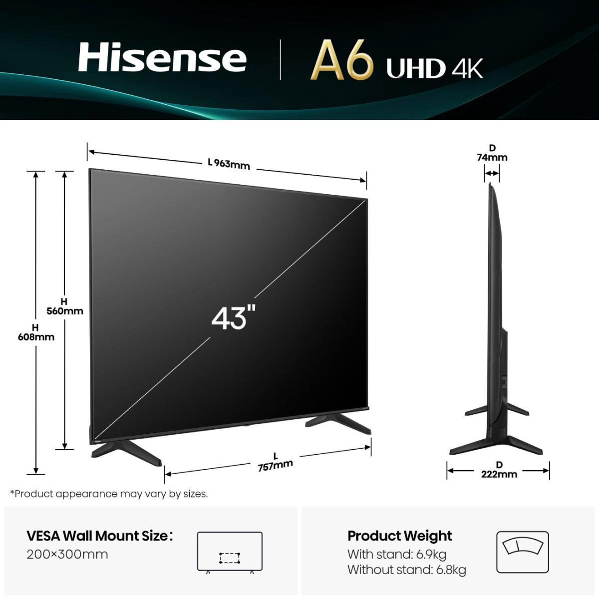 Hisense UHD Smart TV, 43A6Q, 43", Smart TV, VIDAA OS, UHD, Black
