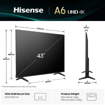 Hisense UHD Smart TV, 43A6Q, 43", Smart TV, VIDAA OS, UHD, Black