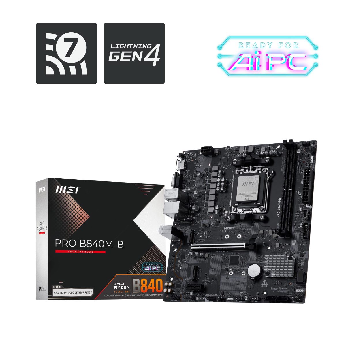 MSI PRO B840M-B, Processor family AMD, Processor socket AM5, DDR5, Supported hard disk drive interfaces SATA, M.2, Number of SATA connectors 4