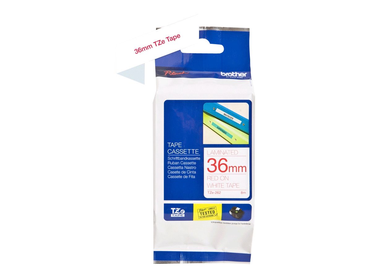 TZe-262 Laminated Tape, Red on White, TZe, 8 m, 3.6 cm