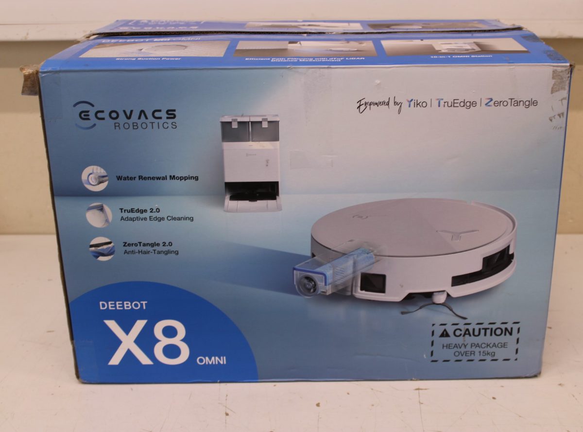 Ecovacs DEEBOT X8 OMNI Vacuum cleaner, Robot, Wet&Dry, 18000Pa, TruEdge 2.0, AIVI 3D 3.0, YIKO-GPT, White+Auto-empty station, Ecovacs Robotic Vacuum Cleaner, DEEBOT X8 OMNI, Wet&Dry, Lithium-Ion, 5200 mAh, Dust capacity 0.22 L, 18000 Pa, White, USED, MISSING INNER PACKAGE, SCRATCHED, DIRTY, 24 month(s)