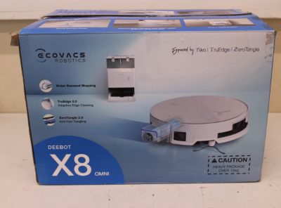 Ecovacs DEEBOT X8 OMNI Vacuum cleaner, Robot, Wet&Dry, 18000Pa, TruEdge 2.0, AIVI 3D 3.0, YIKO-GPT, White+Auto-empty station, Ecovacs Robotic Vacuum Cleaner, DEEBOT X8 OMNI, Wet&Dry, Lithium-Ion, 5200 mAh, Dust capacity 0.22 L, 18000 Pa, White, USED, MISSING INNER PACKAGE, SCRATCHED, DIRTY, 24 month(s)