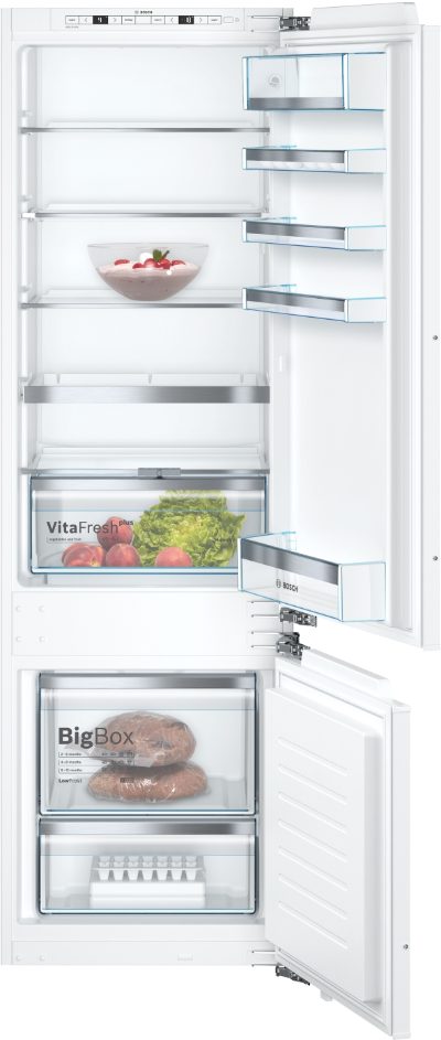 Serie 6 Refrigerator, KIS87AFE0, Energy efficiency class E, Built-in, Combi, Height 177 cm, Fridge net capacity 209 L, Freezer net capacity 63 L, Display, 36 dB, White