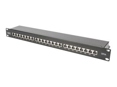 CAT 6A, Patch Panel, RJ45, 8P8C, Suitable for 483 mm (19") cabinet mounting; Transmission properties: Category 6A, Class EA; Area of application: Up to 500 MHz, 10GBase-T; Size:482.6 x 44 x 109mm, RJ45 shielding (Tinned bronze)
