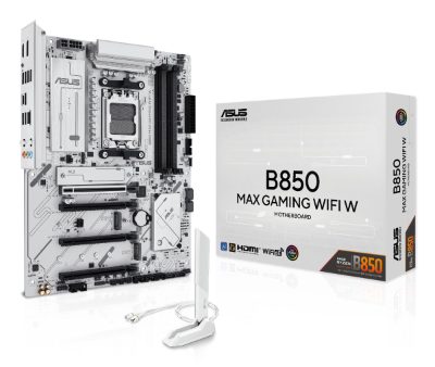 Asus B850 MAX GAMING WIFI W, Processor family AMD, Processor socket AM5, DDR5, Supported hard disk drive interfaces SATA, M.2, Number of SATA connectors 4