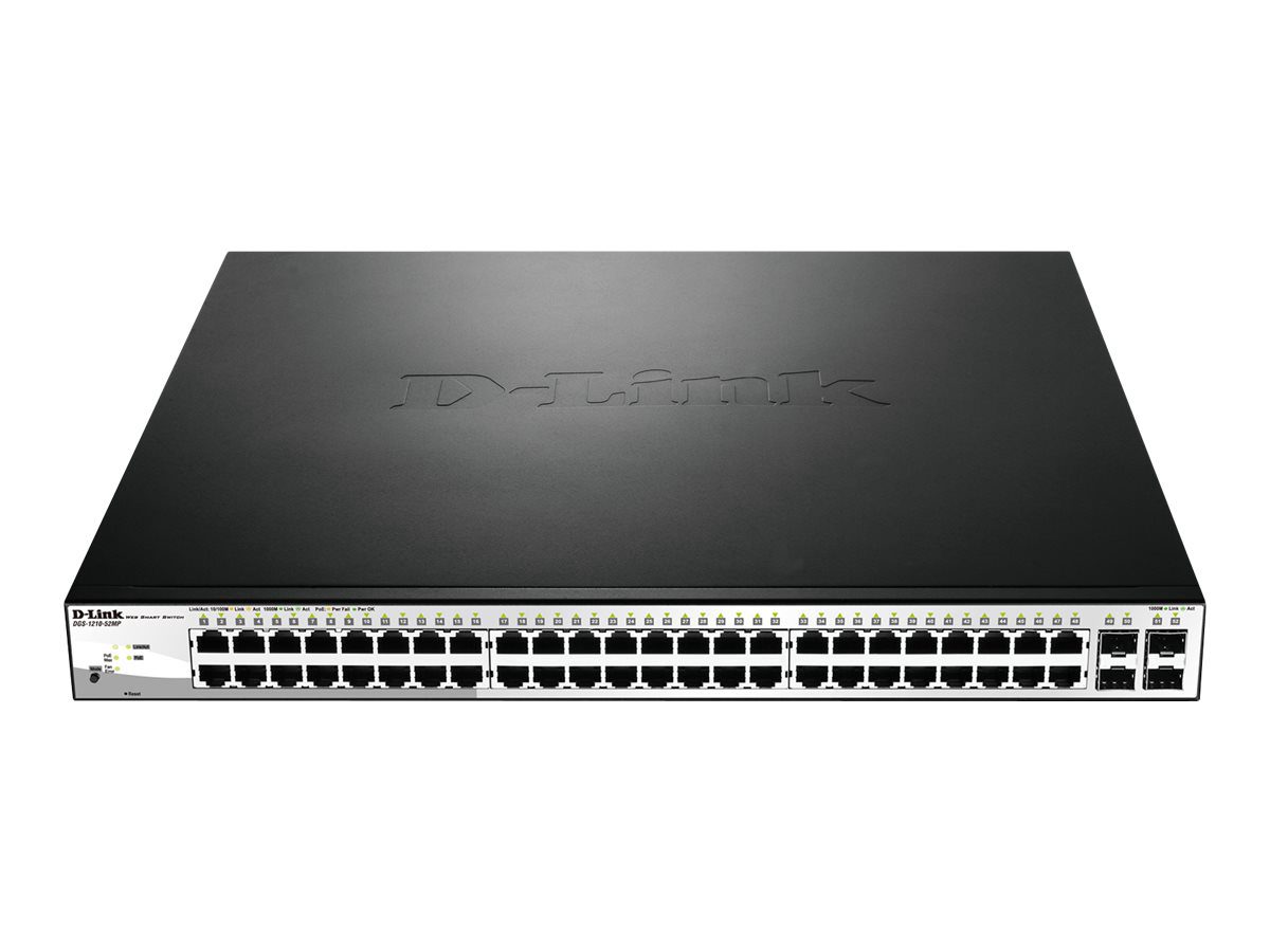 Switch, DGS-1210-52MP, Web Management, Rack mountable, Gigabit Ethernet (copper) ports quantity 48, SFP ports quantity 4, Power over Ethernet (PoE) ports quantity 40, PoE/Poe+ ports quantity 8, Power supply type Single, 24 month(s)