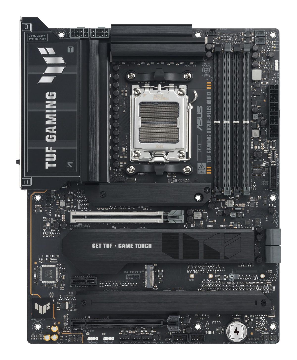 Asus TUF GAMING X870E-PLUS WIFI7, Processor family AMD, Processor socket AM5, DDR5, Supported hard disk drive interfaces SATA, M.2, Number of SATA connectors 4