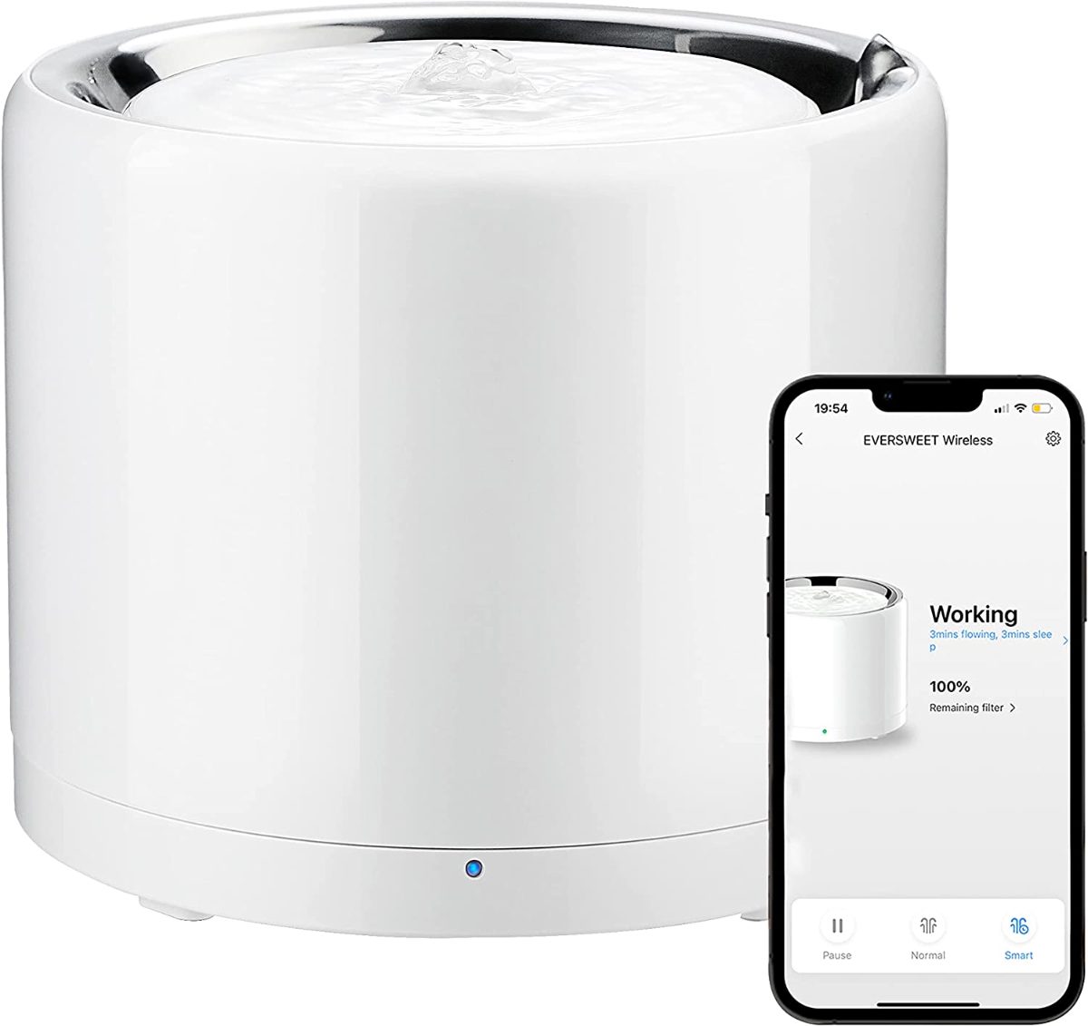 Smart Pet Drinking Fountain, Eversweet 3 Pro (Wireless Pump), Capacity 1.8 L, Filtering, Material Stainless Steel, ABS, White