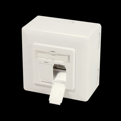 NP0006A Wall Outlet, Metal die-cast housing with strain relief; Horizontal cable entry with strain relief; Network wall outlet Cat.6 fully shielded, with surface back box, Pure White