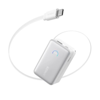 Anker Nano Power Bank 45W with Built-In Retractable USB-C Cable, A1638H21, 10000 mAh, White