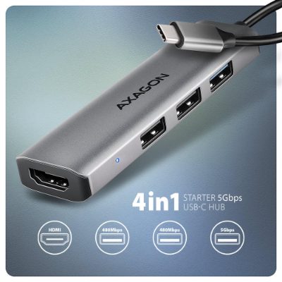 AXAGON USB-C 5Gbps STARTER 4in1 Hub, HMC-H3A