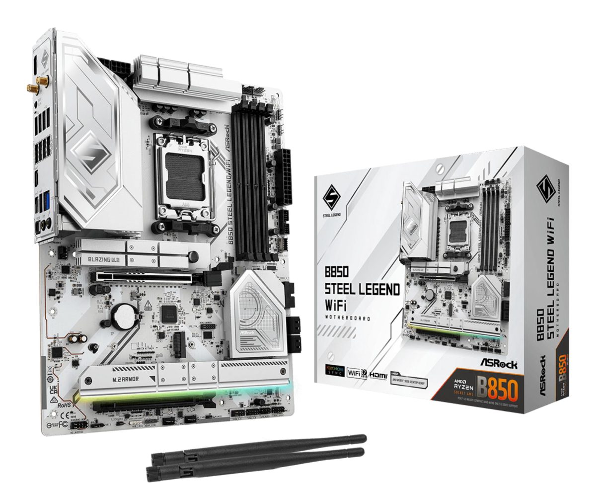 Mainboard, ASROCK, AMD B850, SAM5, ATX, Memory DDR5, Memory slots 4, 1xPCI-Express 4.0 16x, 1xPCI-Express 5.0 16x, 1xM.2, 1xHDMI, 1xAudio-In, 1xAudio-Out, 4xUSB 2.0, 5xUSB 3.2, 2xUSB-C, 1xOptical S/PDIF, 1xRJ45, B850STEELLEGENDWIFI