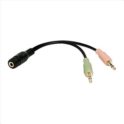 Audio Adapter 3.5 Stereo 4-Pin Female to 2 x 3.5 Stereo Male, 4-pin 3.5 mm stereo jack, 2 x 3-pin stereo female socket