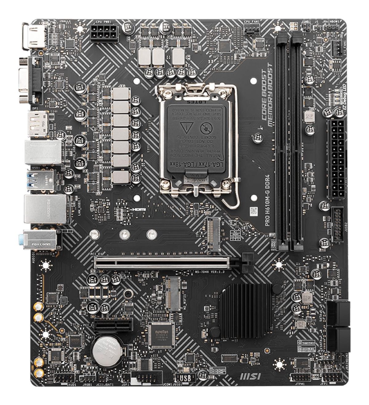 Mainboard, MSI, Intel H610, LGA1700, MicroATX, Memory DDR4, Memory slots 2, 1xPCI-Express 3.0 1x, 1xPCI-Express 4.0 16x, 1xM.2, 1x15pin D-sub, 1xHDMI, 1xDisplayPort, 2xAudio-In, 1xAudio-Out, 4xUSB 2.0, 2xUSB 3.2, 1xPS/2, 1xRJ45, PROH610M-GDDR4