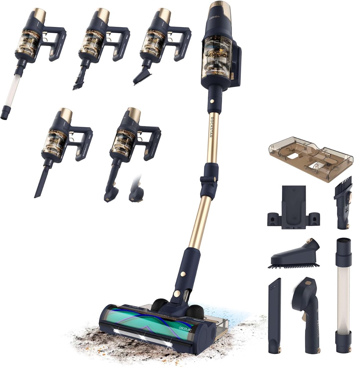 Cecotec Vacuum cleaner, Rockstar RX70 AquaPet Flex Conga, Cordless operating, Stick/handheld, 780 W, Operating time (max) 100 min, Blue/Gold
