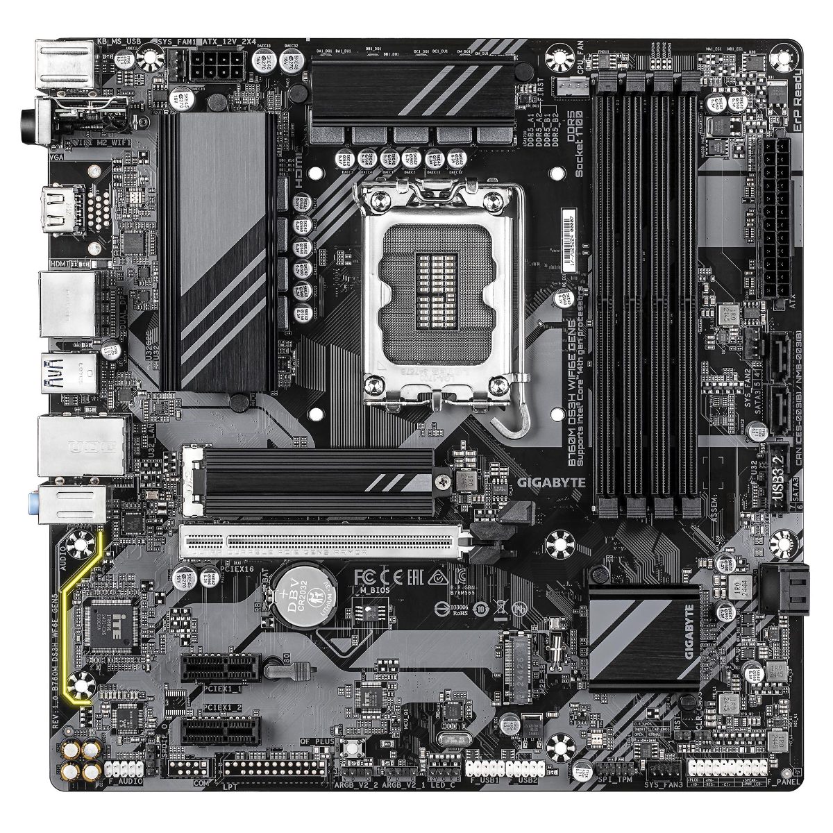 Mainboard, GIGABYTE, B760M DS3H WIFI6E GEN5, Intel B760 Express, LGA 1700, micro ATX, RAM DDR5-SDRAM, 4xSlots, Wi-Fi Yes, Bluetooth Yes, 2xNumber of M.2 (M) slots, B760MDS3HWF6EGEN5