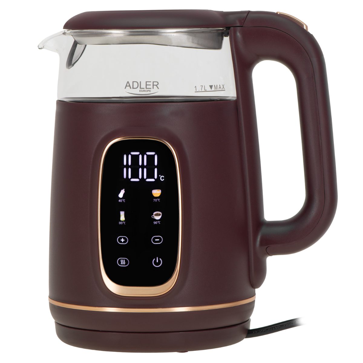 Adler Kettle with LED Display, AD 1305, Electric, 2200 W, 1.7 L, Plastic, 360° rotational base, Burgundy