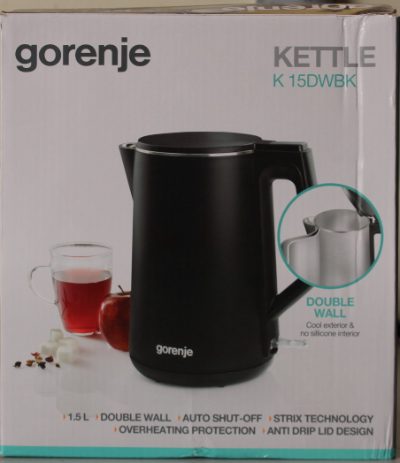 Gorenje Kettle, K15DWBK, Electric, 2200 W, 1.5 L, Stainless steel, 360° rotational base, Black, DAMAGED PACKAGING, SCRATCHED