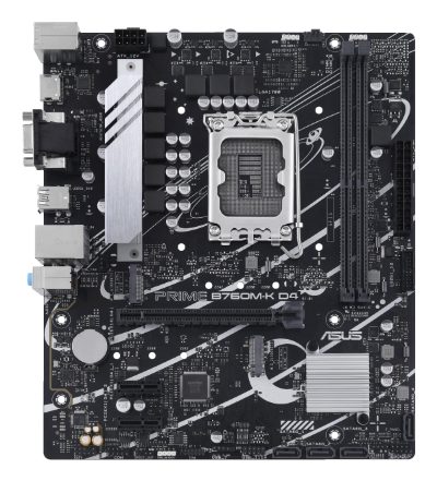 PRIME B760M-K D4, Processor family Intel, Processor socket  LGA1700, DDR4 DIMM, Memory slots 2, Supported hard disk drive interfaces 	SATA, M.2, Number of SATA connectors 4, Chipset  Intel B760, mATX